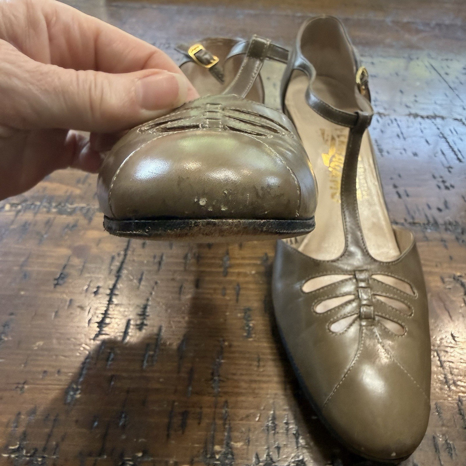 Salvatore Ferragamo Florence Green Leather Shoes Sz 8 AAA Made In Italy Vintage