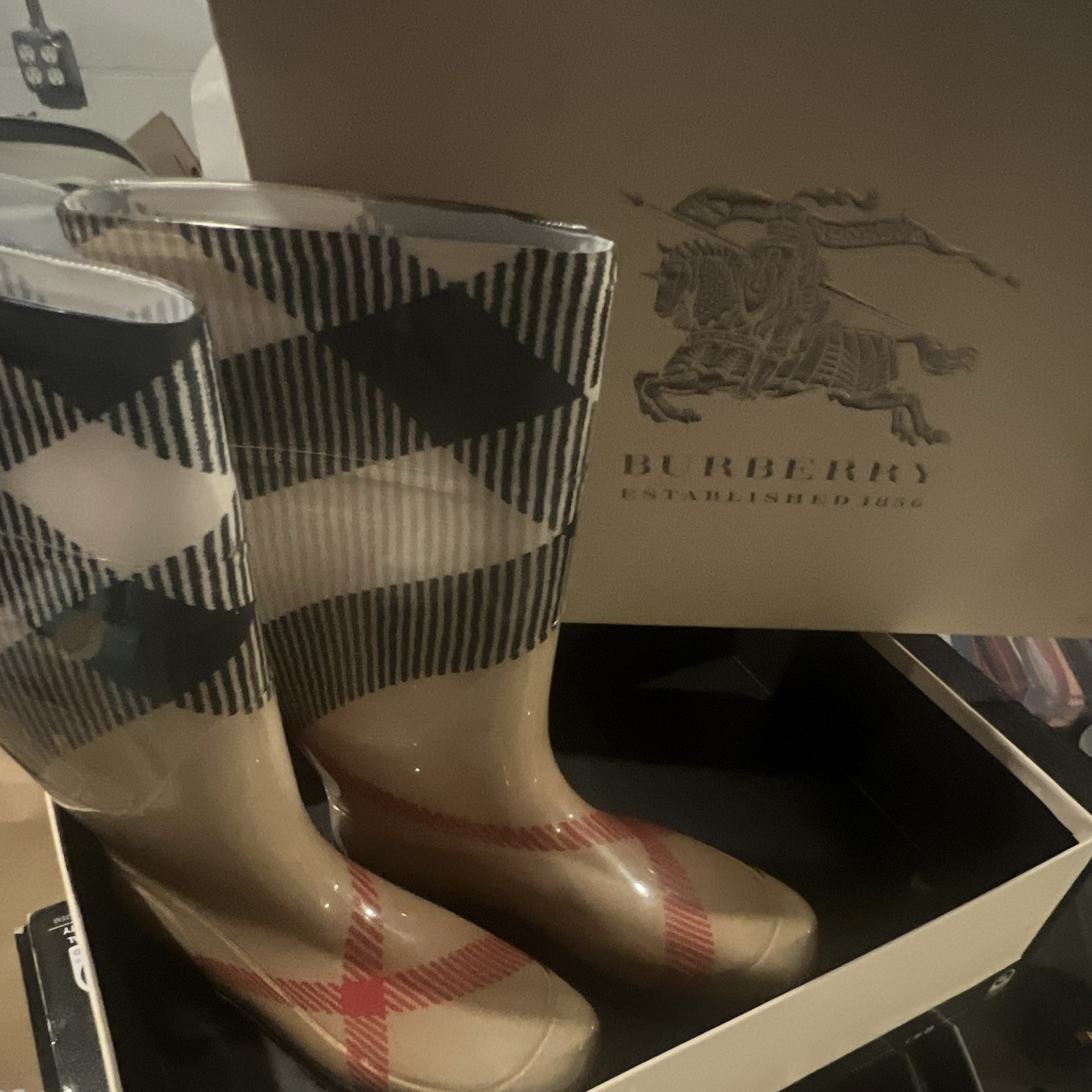 Burberry Nova Check Mid-Calf Waterproof Pull-On Rain Boots Women US 9 EU 40