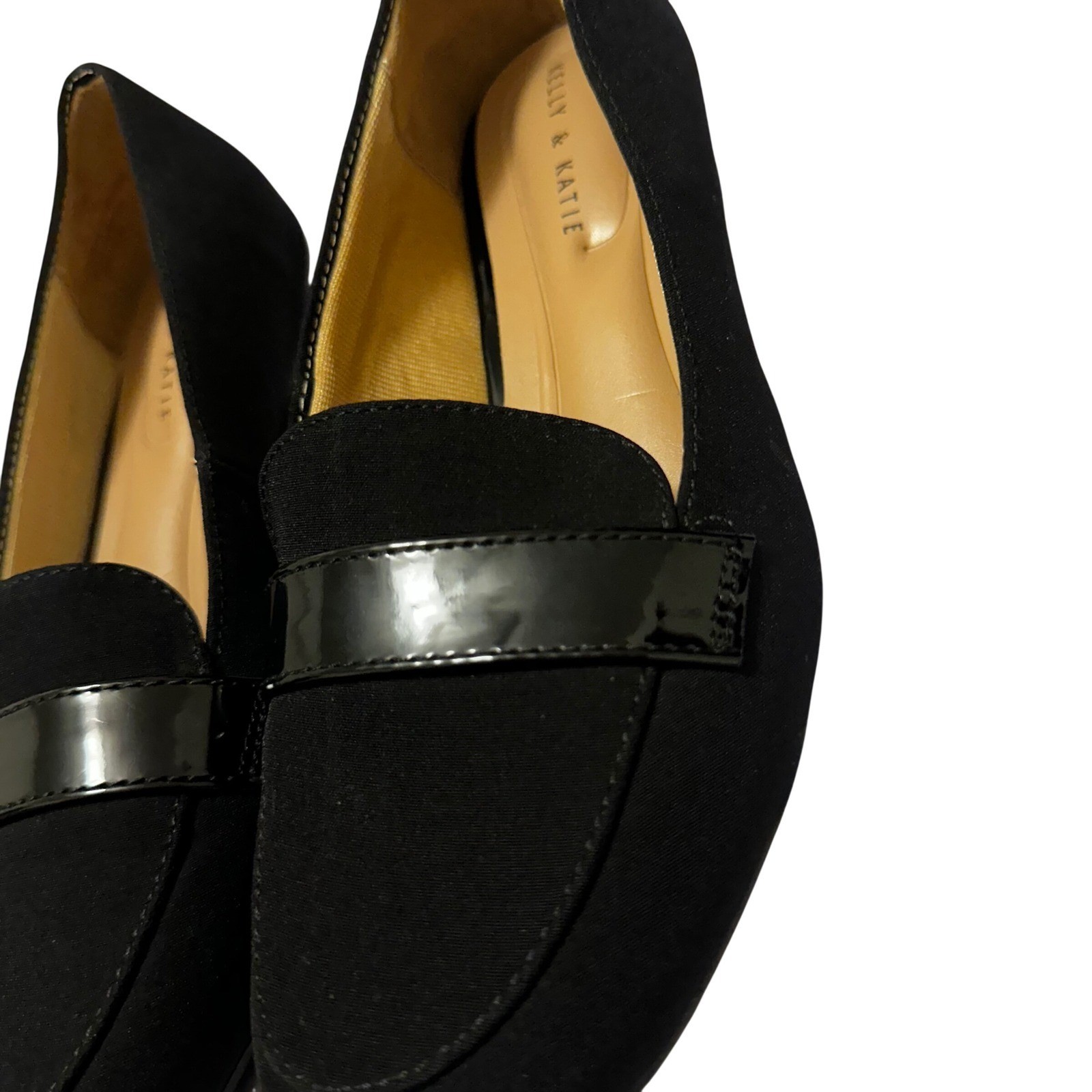 Kelly & Katie Denna Black Textile Patent Strap Loafers Low Wedge Flats Womens 7M