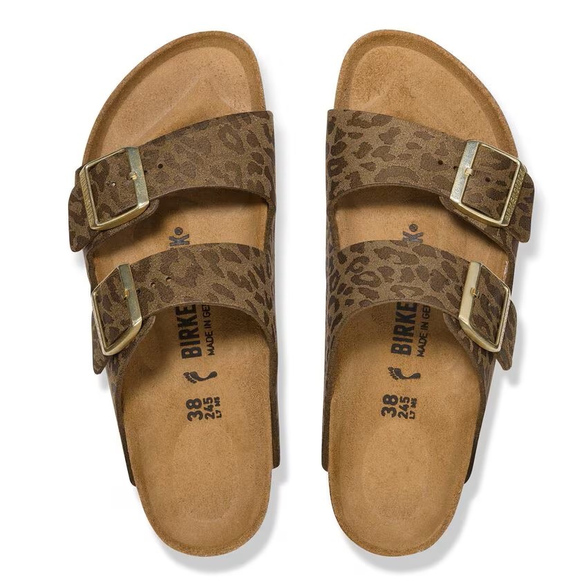 BIRKENSTOCK ARIZONA LEO KHAKI MEDIUM/NARROW WIDTH SLIDE SANDALS LEOPARD
