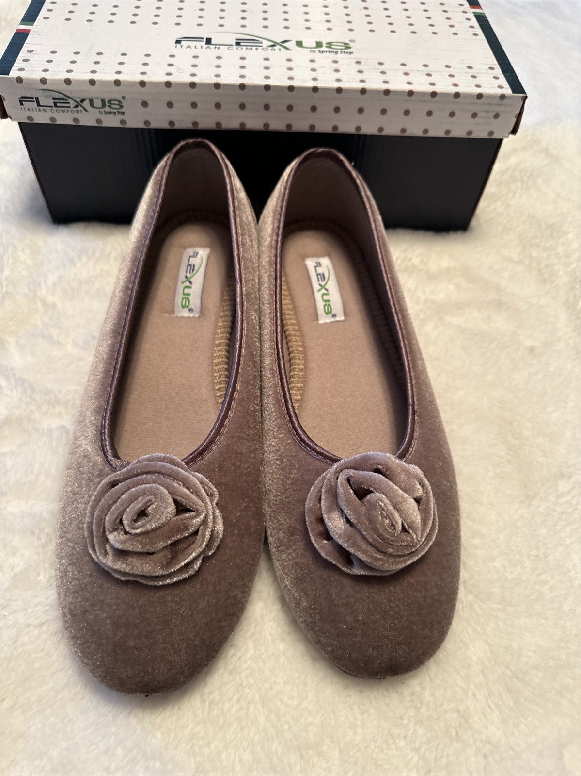 Flexus Roseloud Velvet Textile Flats Slippers Taupe EU 41 US 9.5-10 NIB