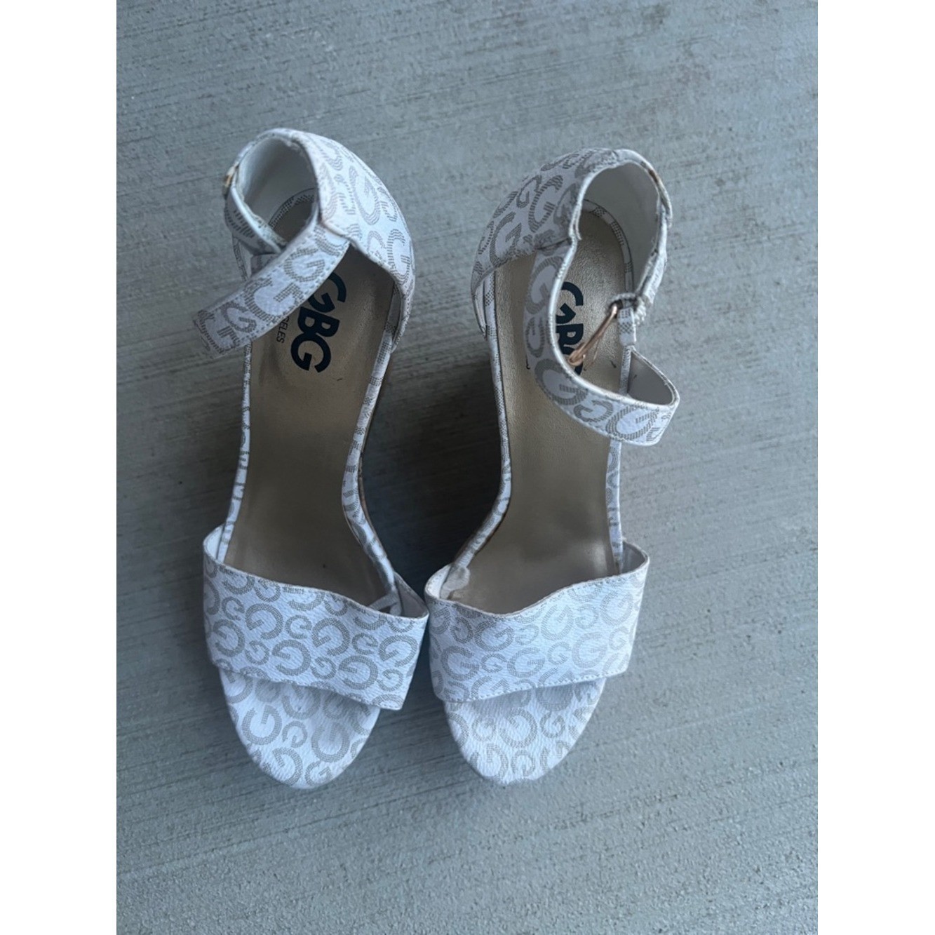 G by Guess White Monogram Cork Wedge Sandals