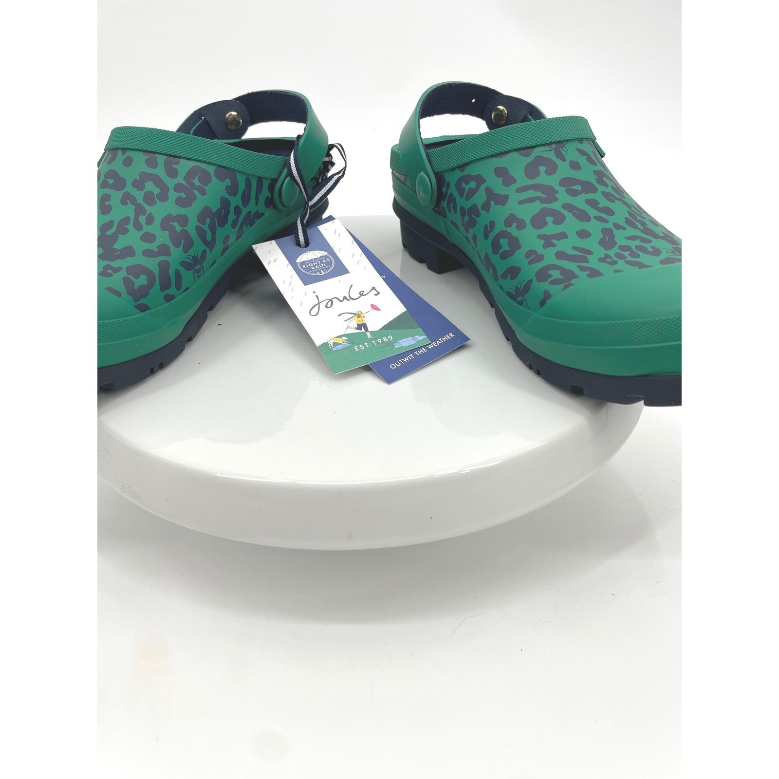 Joules Welly Clog Womens 7 Green Rubber Leopard Print Waterproof Rain Garden
