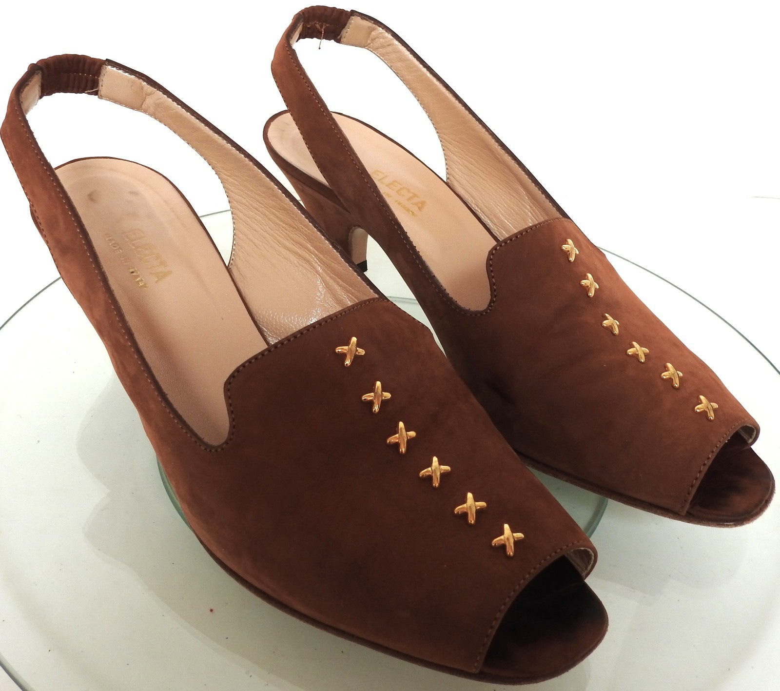 Electa Vero Cuoio Italy Brown Nubuk Sling Back Heels sz 7.5 EU 38 *ship w/o box