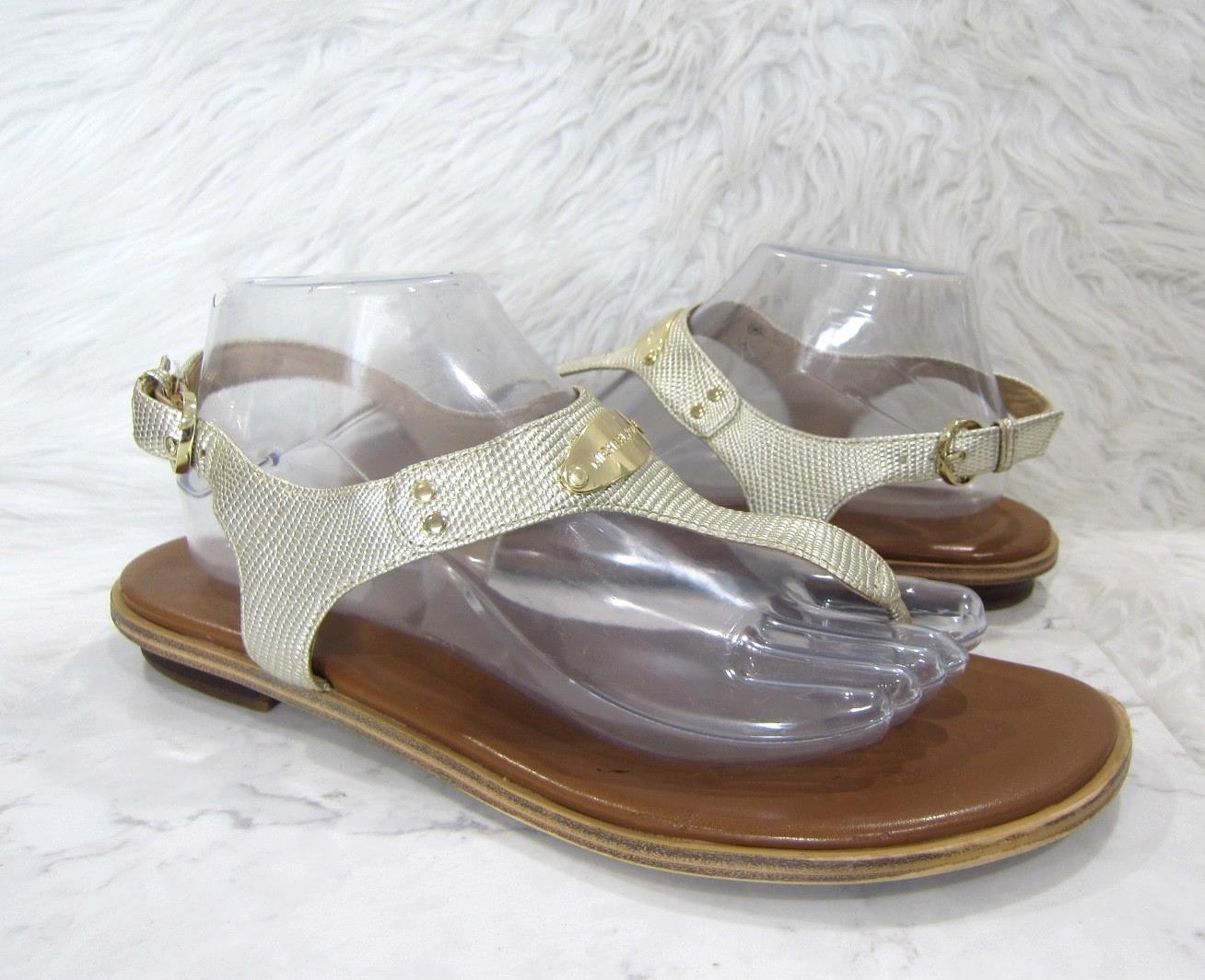 MICHAEL MICHAEL KORS Leather Gold Women’s MK Plate Flat Thong Sandals Size 10M