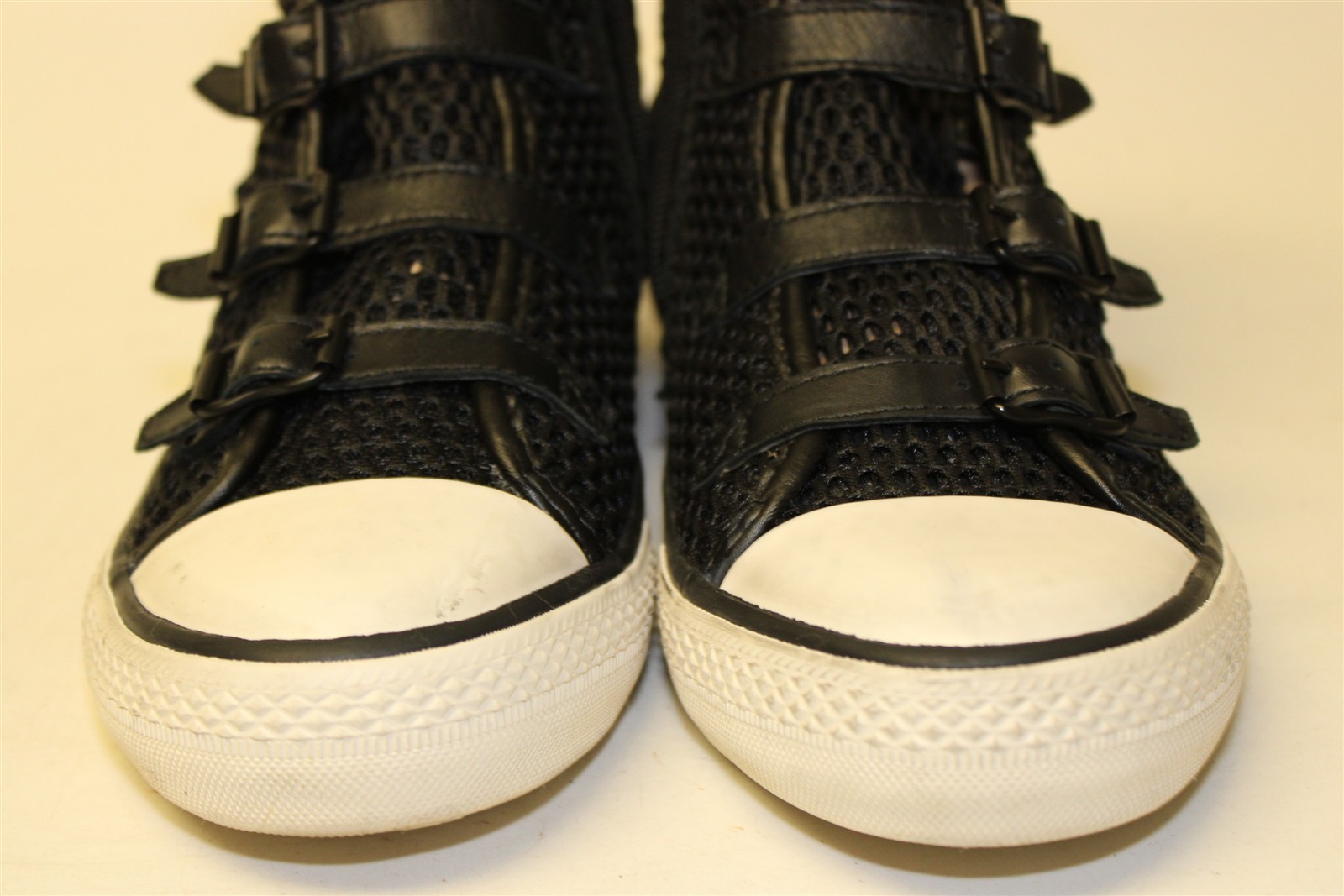 ASH Vanessa High Top Sneaker Women Size 7 38 Black Mesh Buckled Fashion Shoes