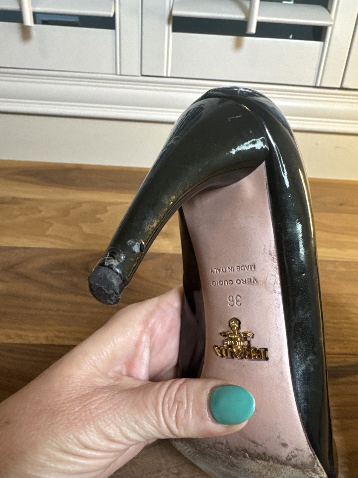 Prada Pumps Black Patent Leather Size 36 Pointed Toe Heels Designer 3.5 In Heel
