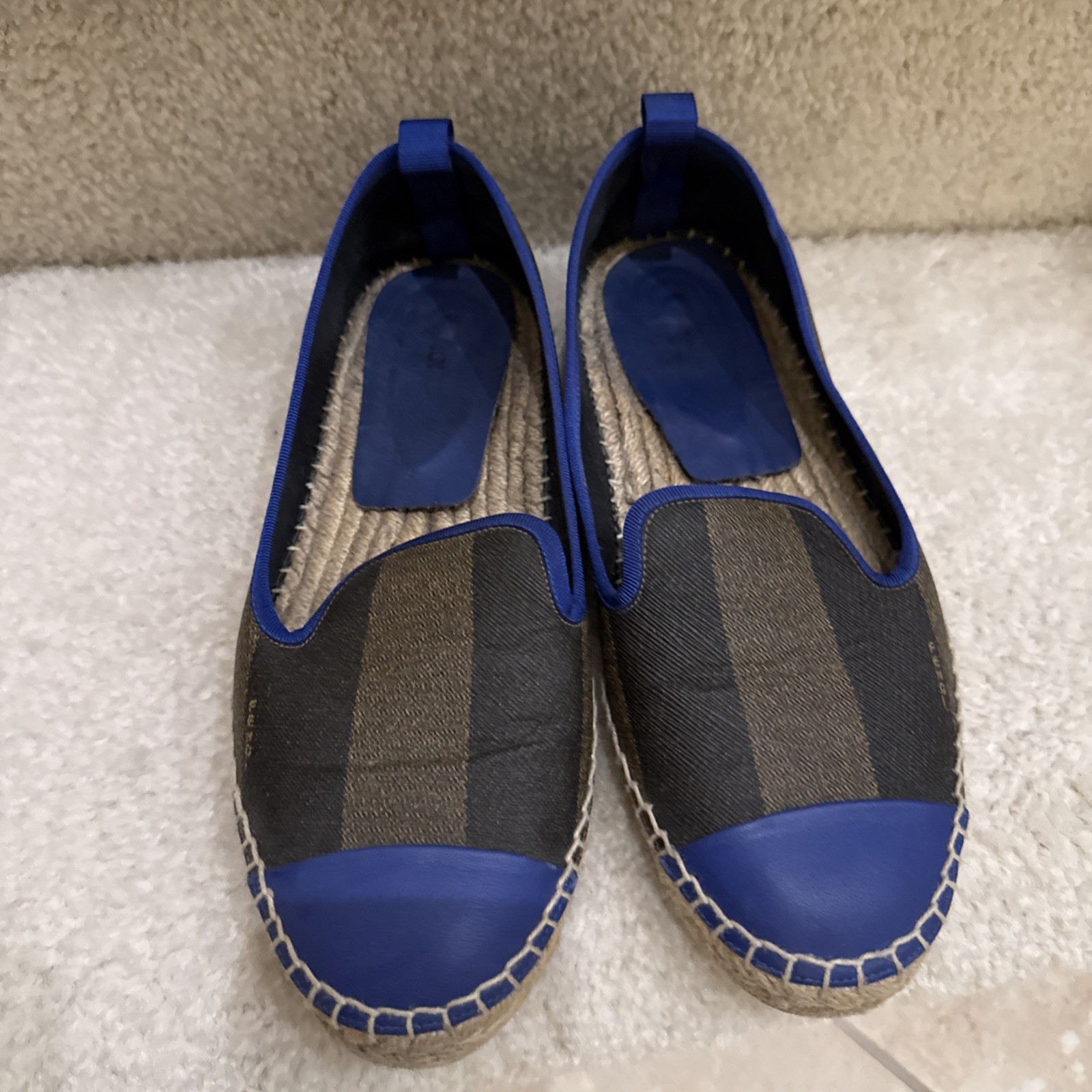 Fendi Brown Peqiun Striped Canvas Blue Leather Cap Toe Espadrilles Flats Shoes 8