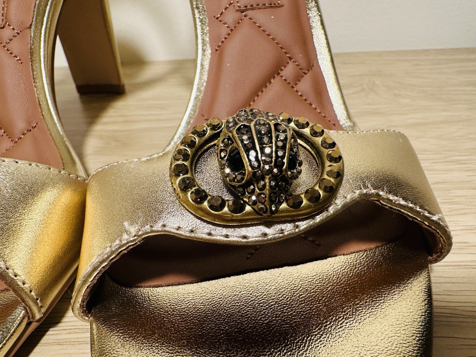 Kurt Geiger London ankle strap logo heeled shoes metallic gold NWOB 9.5 (40.5)