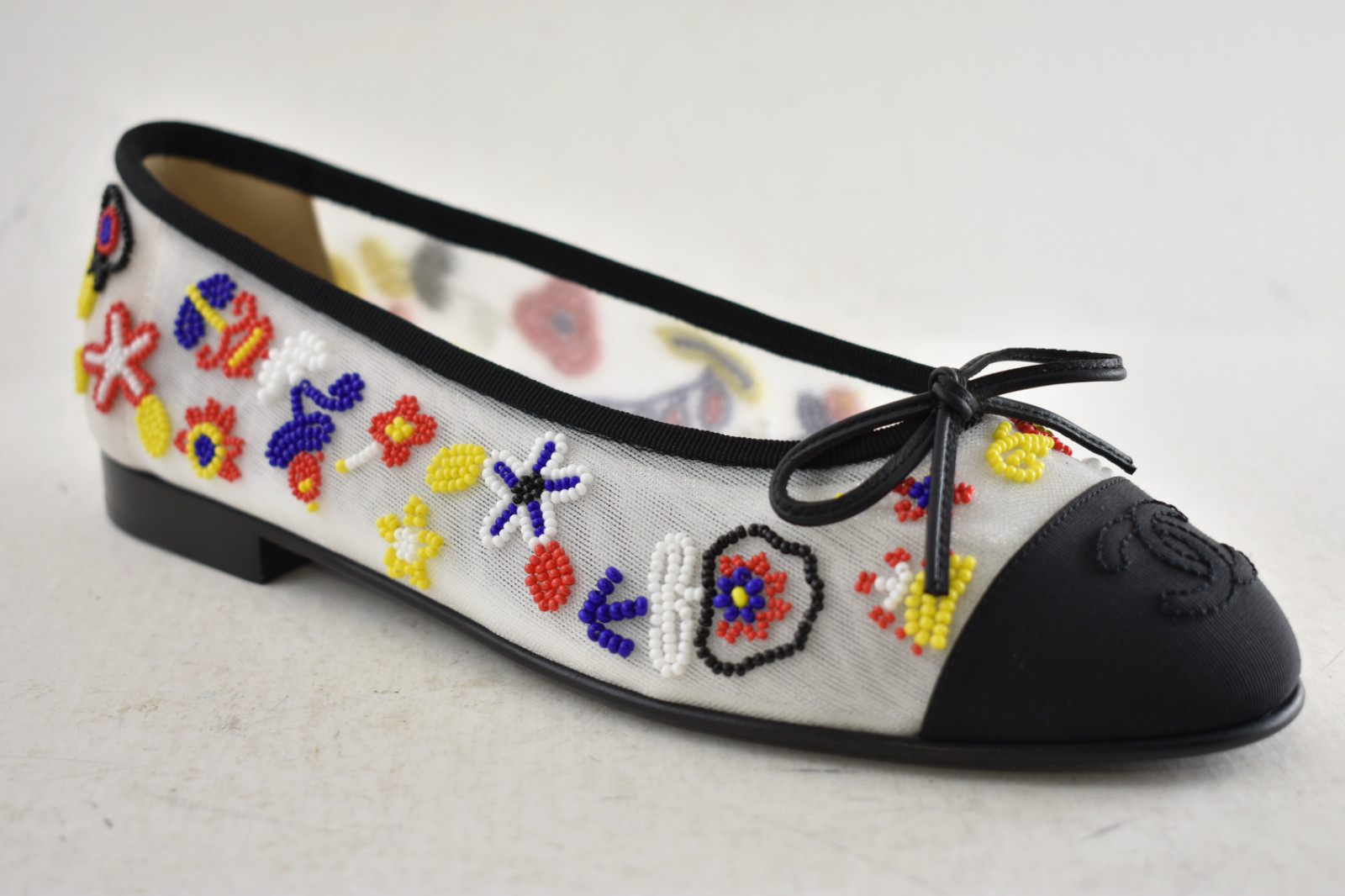 Chanel 26M Coco Beach Mesh Beaded Pearls Black CC Logo Ballet Ballerina Flat 37