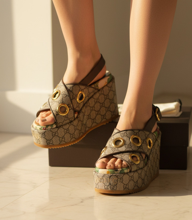 GUCCI Angelina GG Logo Eyelet Platform Wedge Sandal Size 39.5 US 9.5