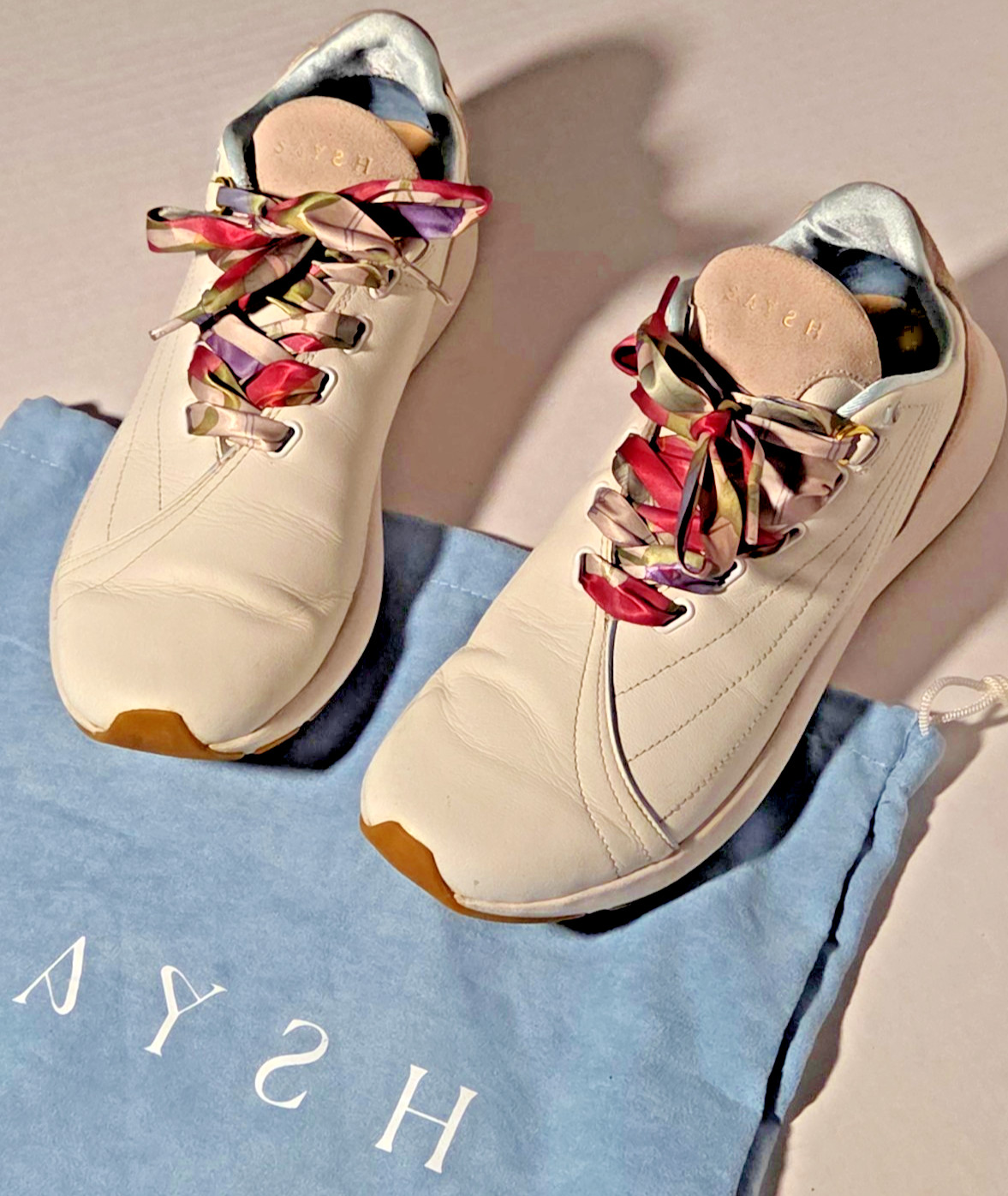 Saysh Two Leather Sneakers Womens 10 Cream Ribbon Laces Allyson Felix Shoes