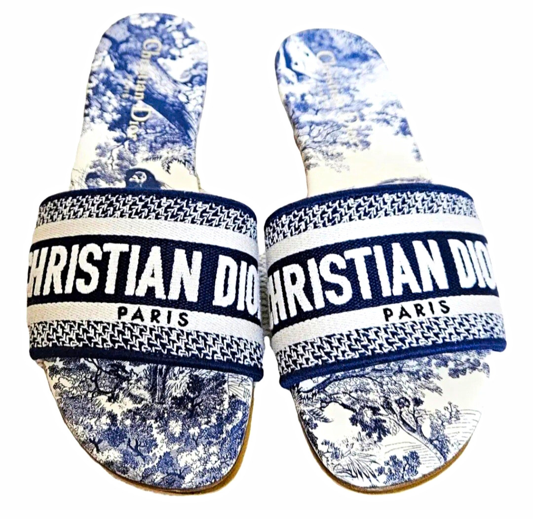 Dior Women’s Blue/White Toile Leather Slide Sandals Slip-On US 9