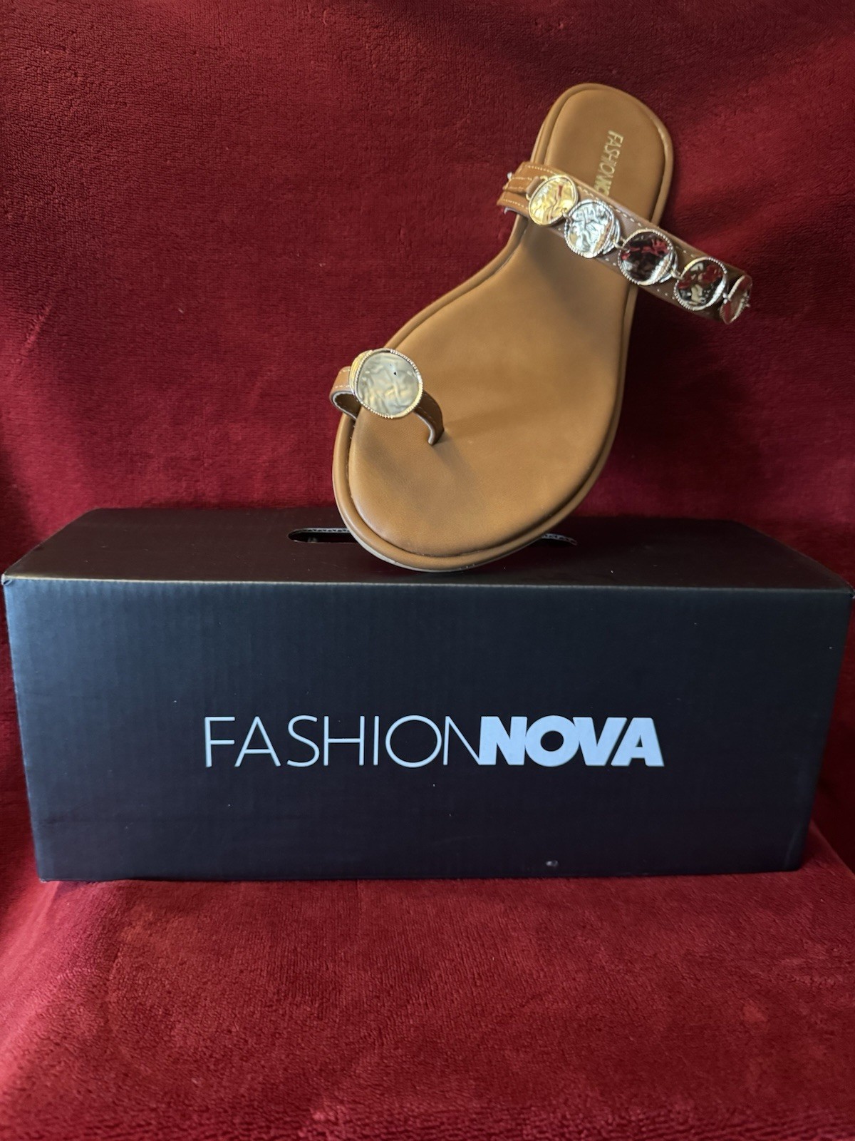 Fashion Nova Tan Slide Sandal with Decorative Gold Accents