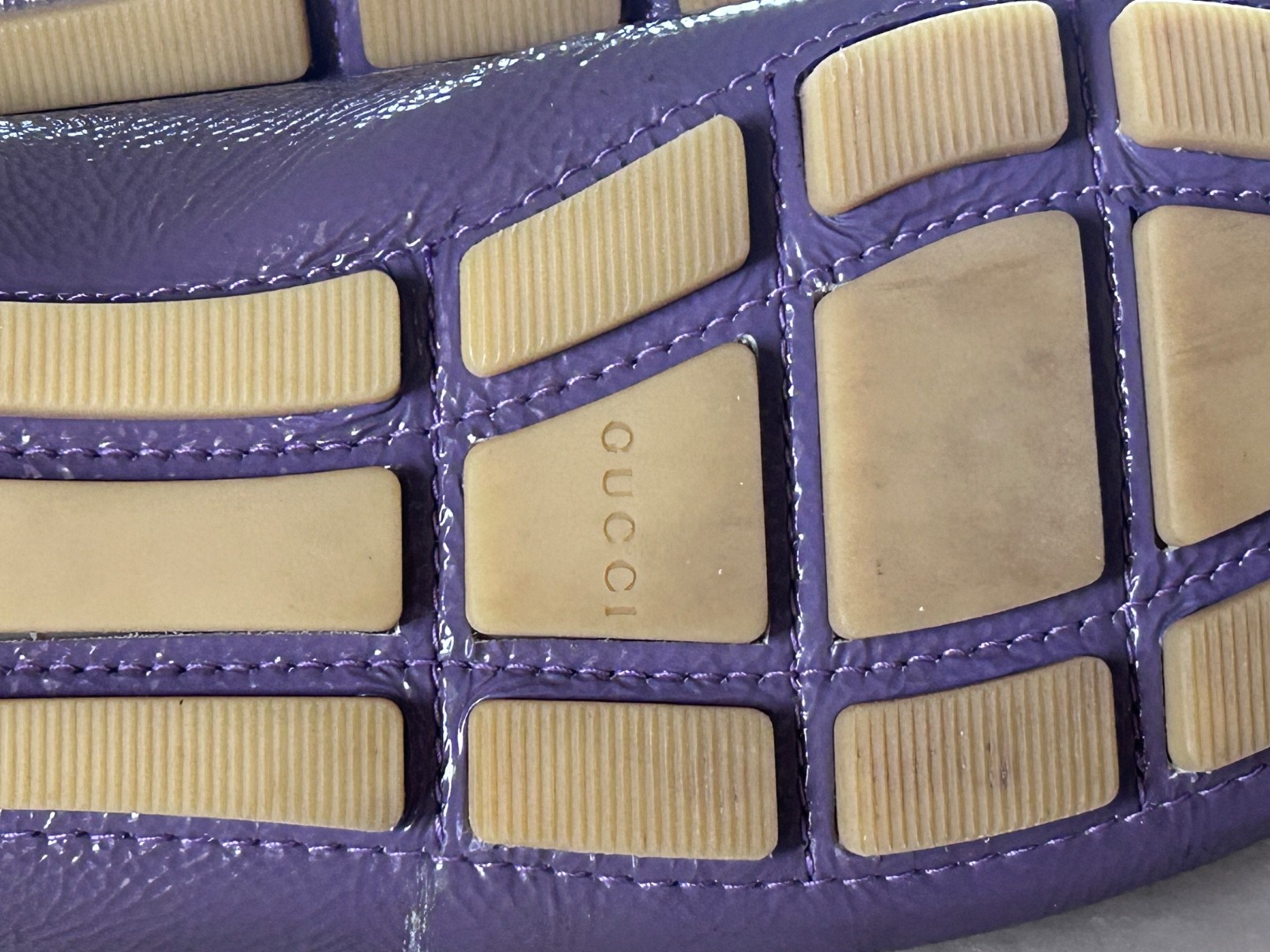 GUCCI Purple Patent Leather Script Logo Driving Loafers Shoes Womens 36 Italy