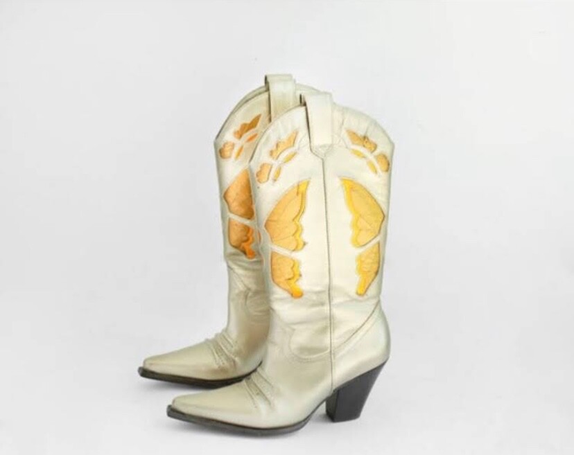 90s Metallic Leather Butterfly Cowboy Boots / Size 6.5