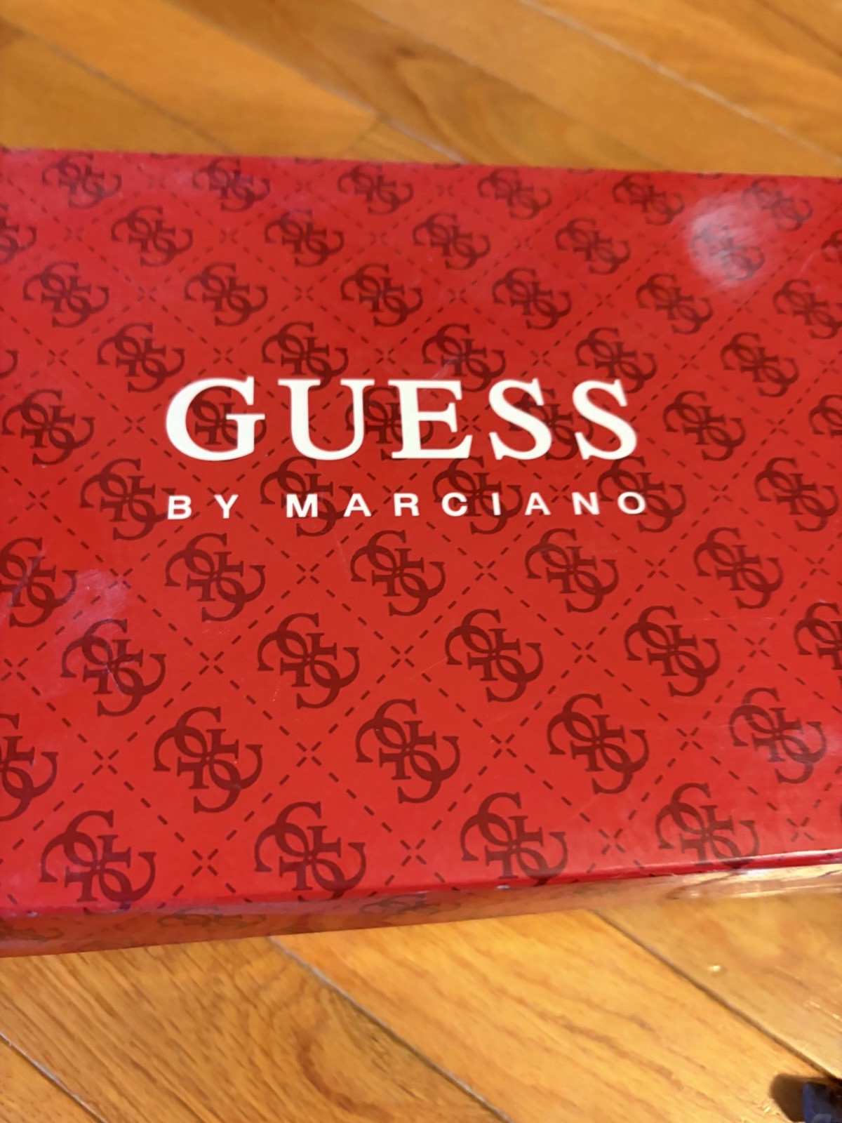 GUESS Logo Print Pointed Toe Pump Heels Slip On Buckle Accent Beige 8.5 M