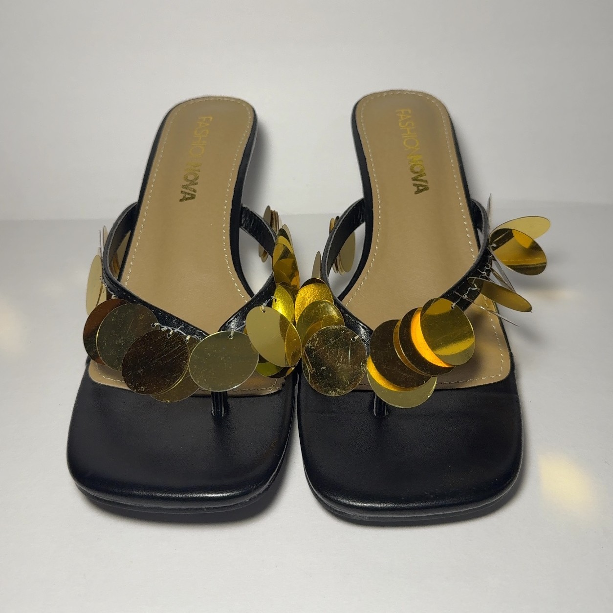 Fashion Nova Piranha Black Gold Sequin Kitten Heel Sandals Size 6