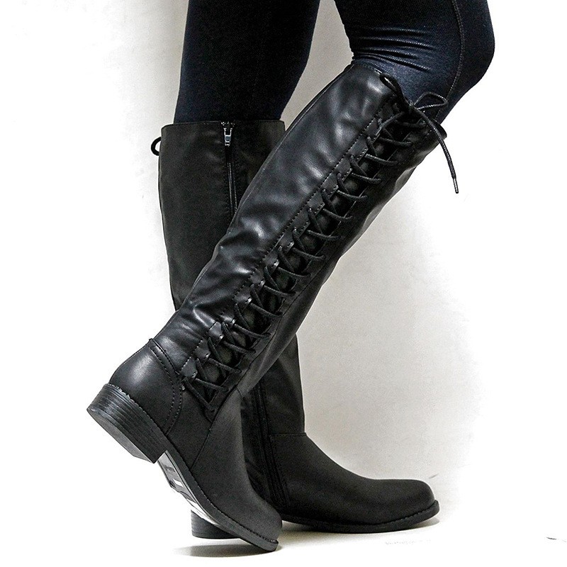 Women Medieval Knight Long Boots Knee High Vintage Lace Up Leather PU Shoes AU