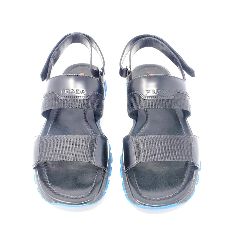 Prada LOGO Sandals Platform Black Leather Blue Rubber Sole Dad Sandals EU 39