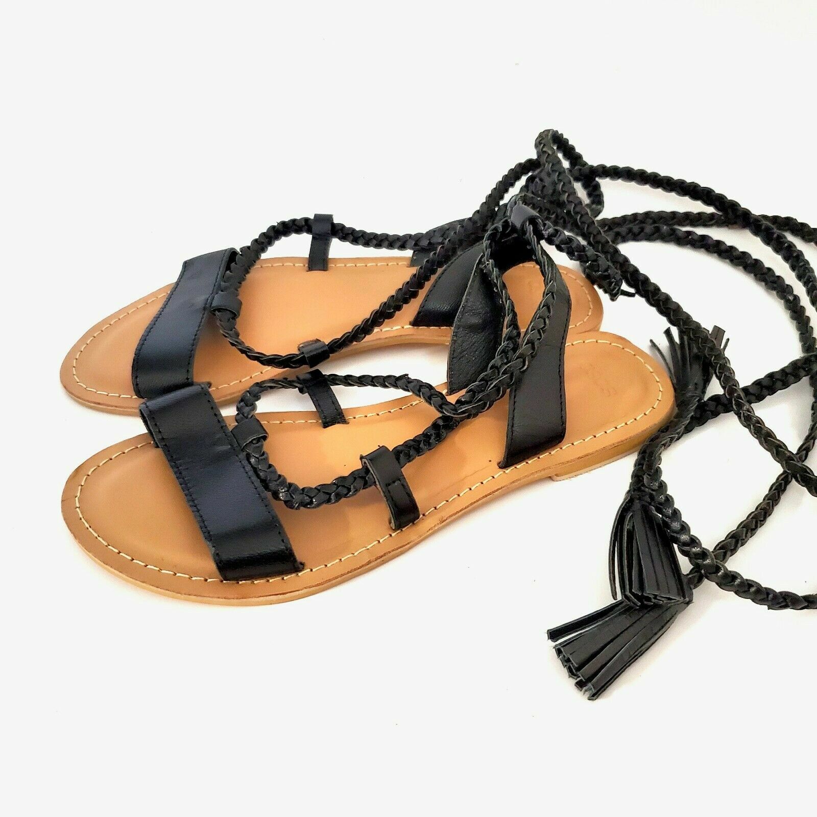 ASOS Black Braided Lace Up Gladiator Sandals Tassel Boho Strappy Flats Size 6