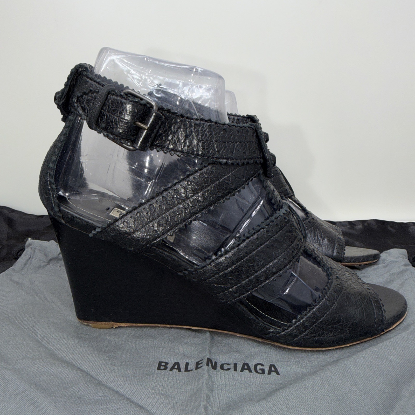 Balenciaga 39.5 Sandals Wedge Gladiator Caged Ankle Booties Covered Studs Poms