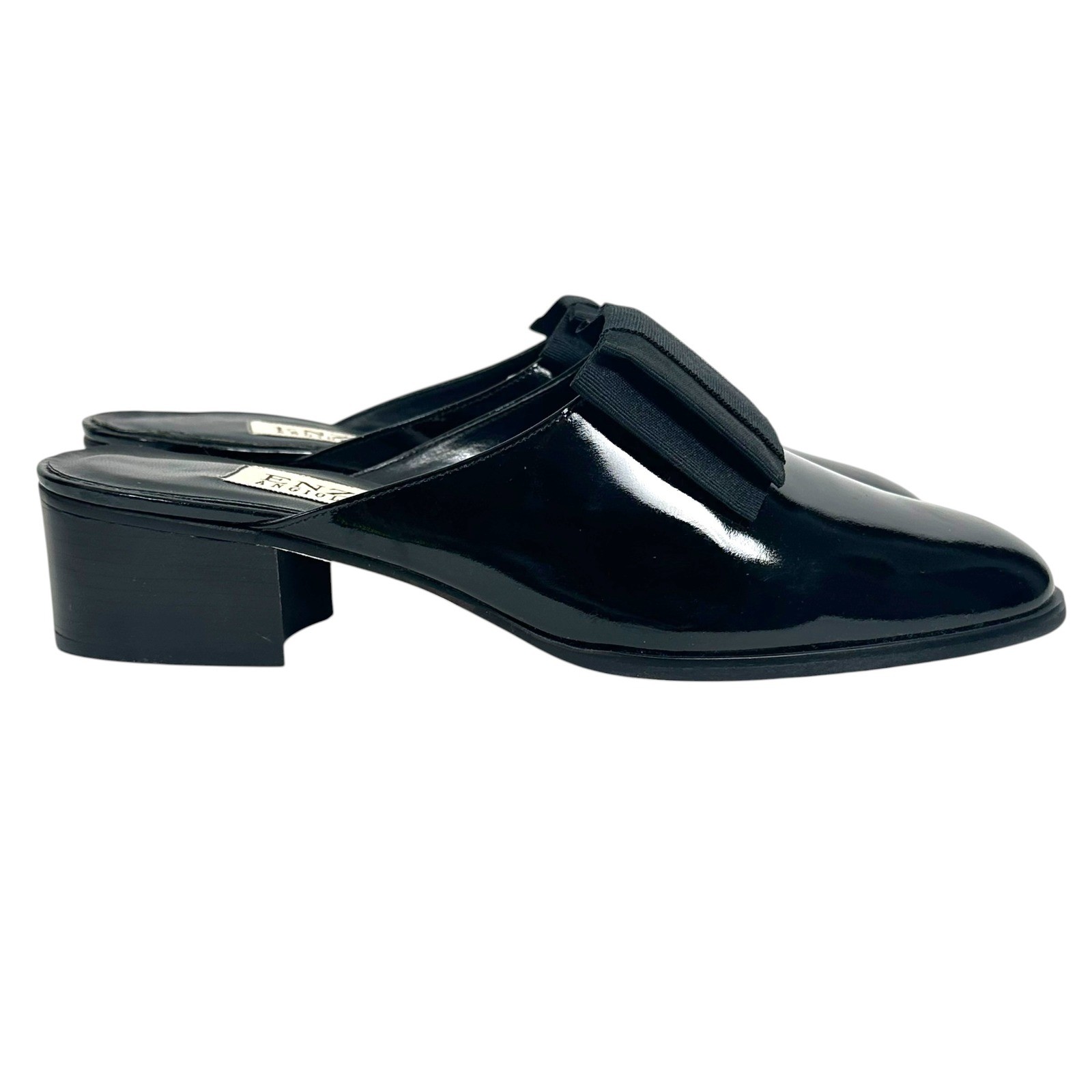 Enzo Angiolini Mules Patent Leather Grosgrain Bow Block Heel Black 9 Brazil Vtg