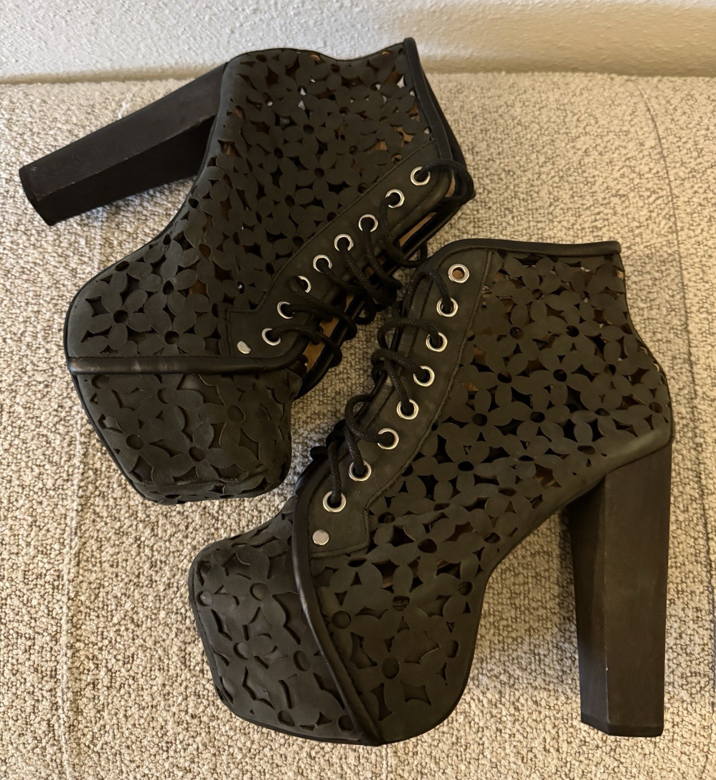 Size 6 – Jeffrey Campbell Lita Black See Through Floral VTG Handmade Havana Last