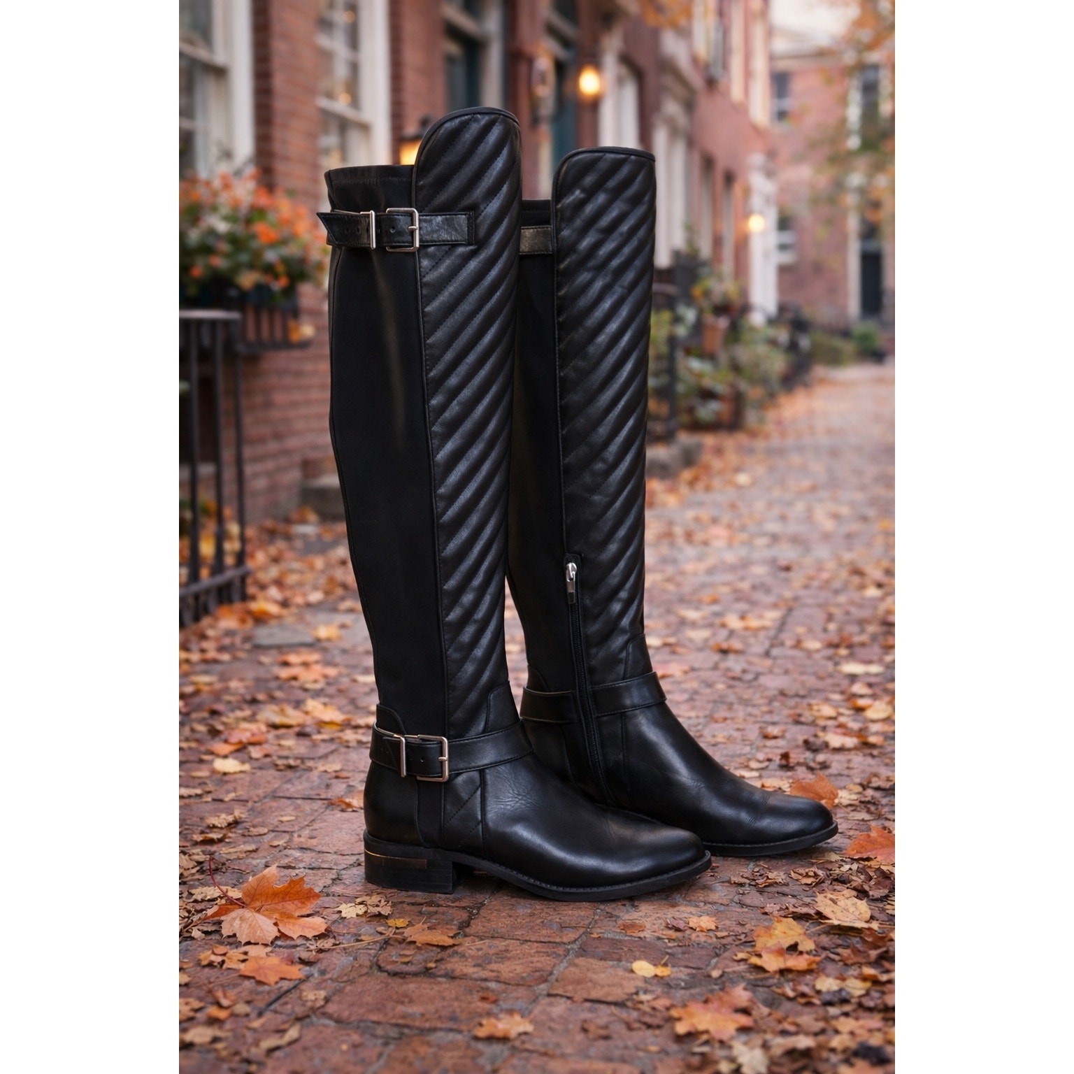 Vince Camuto Panyma Black Quilted Leather & Textile Riding Boots 6.5