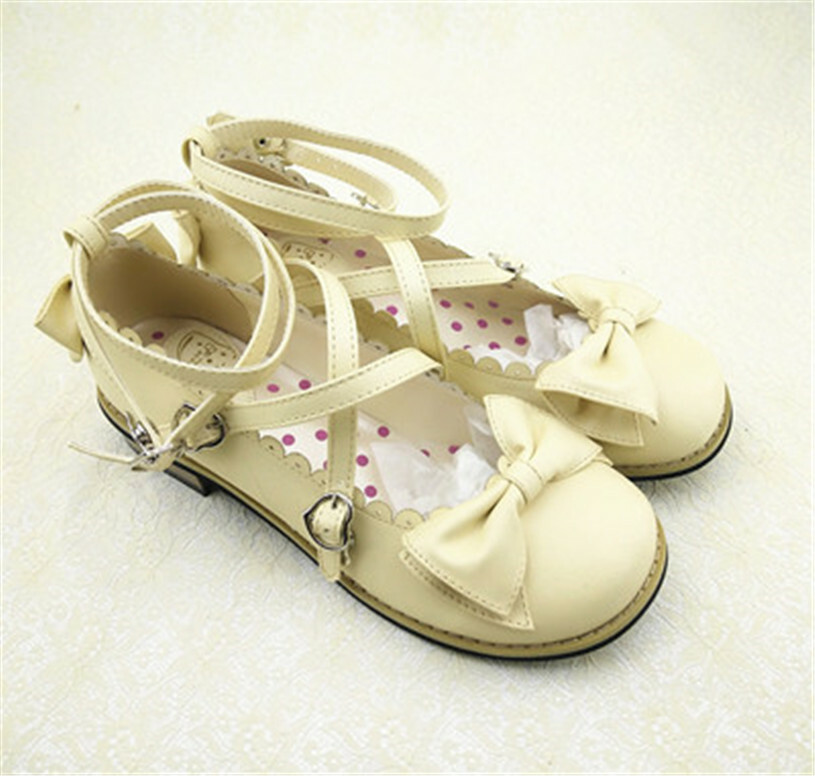 Women Lolita Low-heeled Mary Jane High Heel Cross Straps Bow Knot Princess Shoes