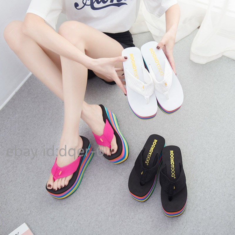 Womens Wedges Flip Flops Summer High Heels Sandals Platform Slippers Solid Shoes