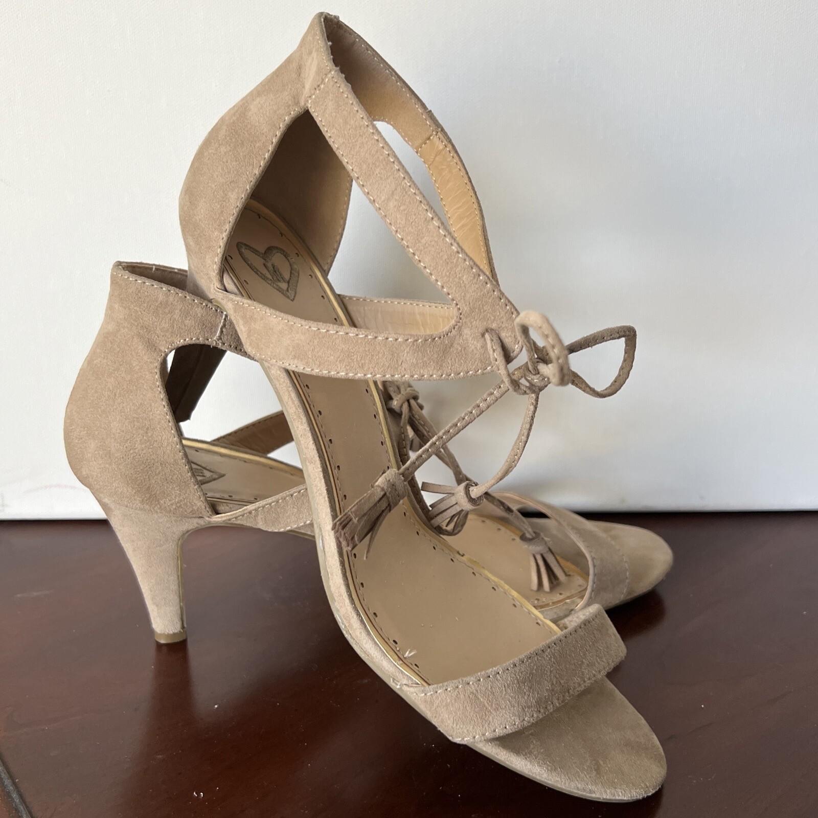 Madeline Women’s Beige Faux Suede Strappy Tie Heels 9.5