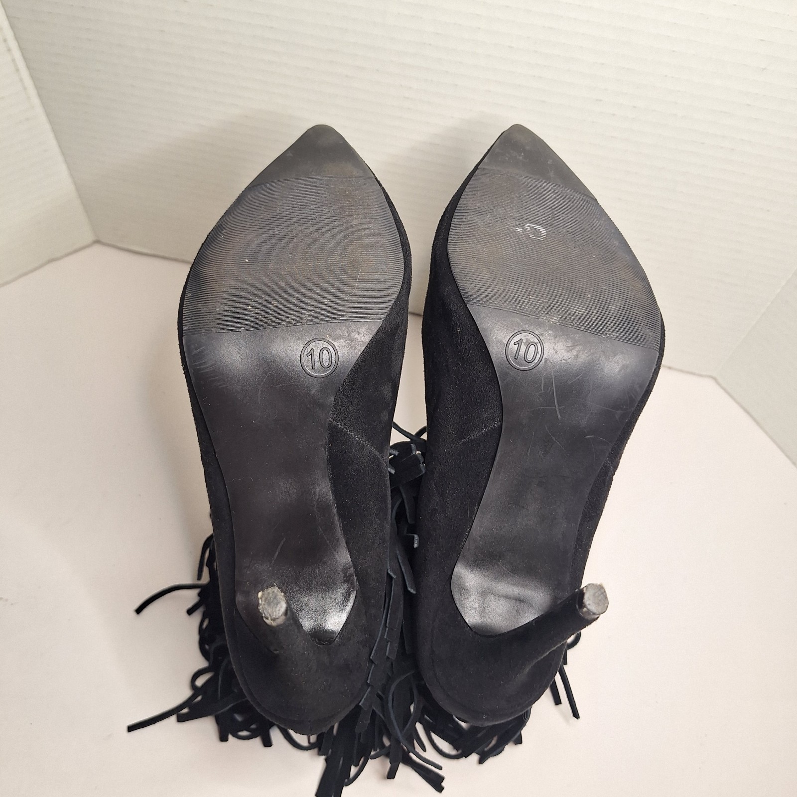 Just fab Ameelia Fringe Ankle Boots Black Size 10 Faux Suede Heel Zip Booties