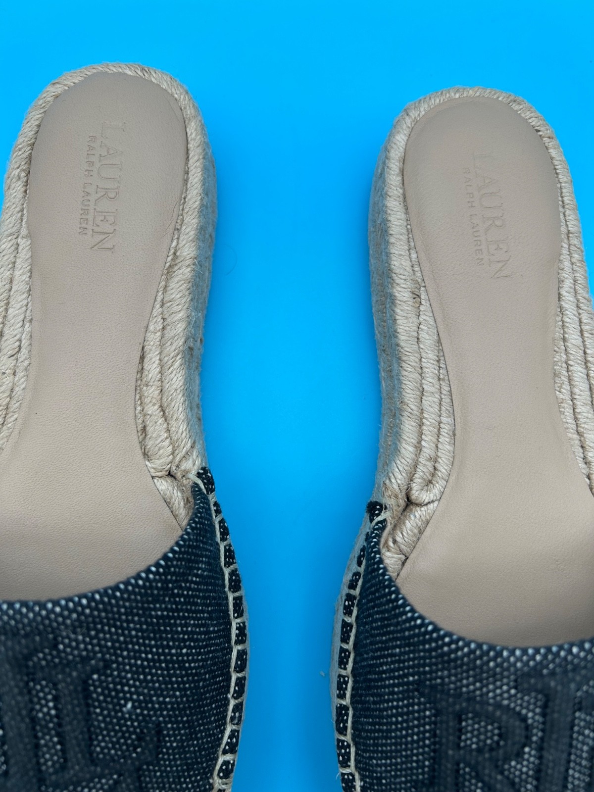 Lauren Ralph Lauren Polly Logo Espadrille Slide Sandals Natural Denim 6.5-10 NIB