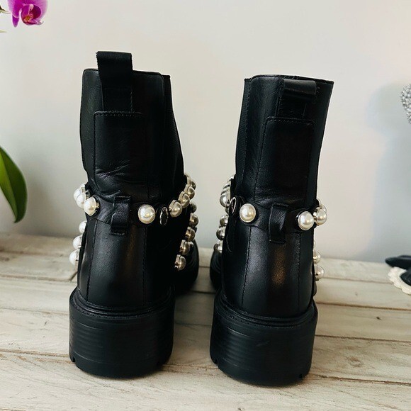 Zara Black Pearl-Embellished Strap Leather Ankle Boots – 6.5