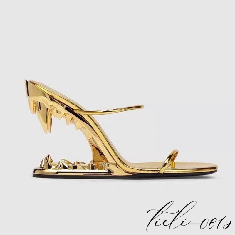Women Metal High Teeth Heels Mules Sandals Oversize Slippers Fashion Show Runway