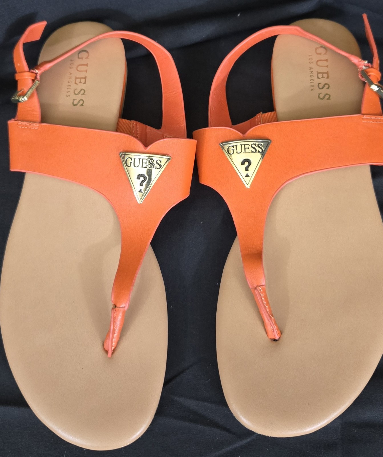 GUESS Logo Thong Flat Sandals w/ Ankle Strap Buckle Leather Orange/Beige 10