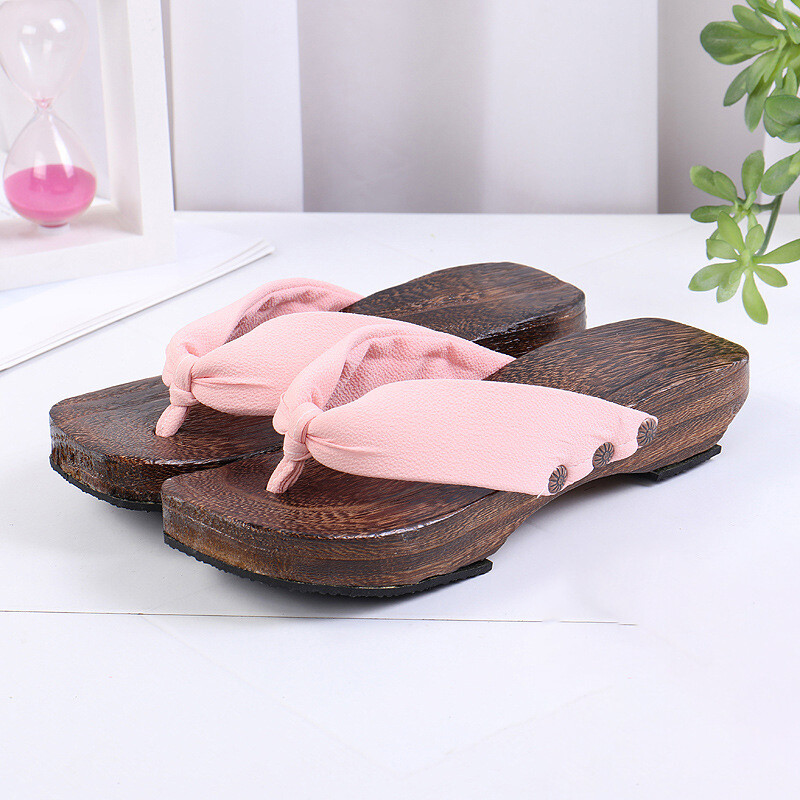 3.5cm Heel Geta Japanese Clogs Slippers Wooden Flip-flops Soild Color Costume US