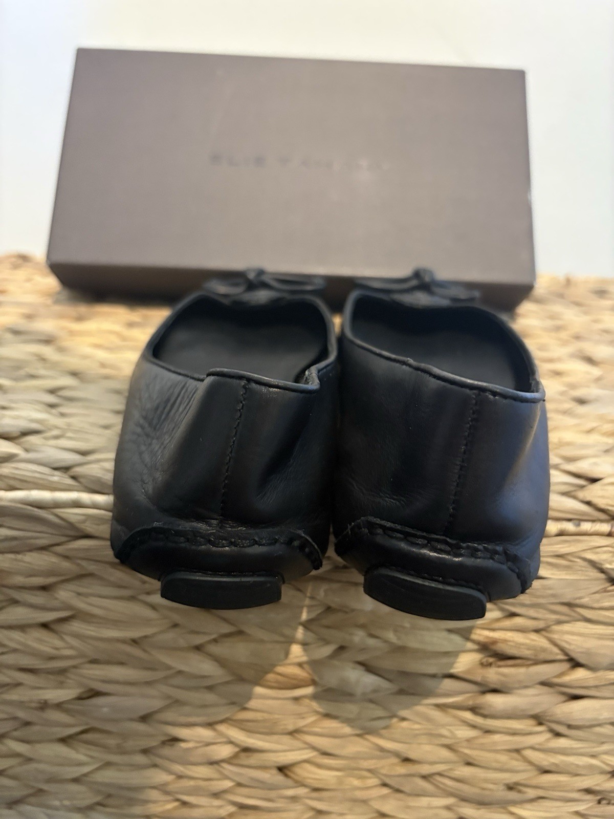 Elie Tahari Women’s Black Leather Slip-On Ballet Flats Bow Round Toe 8.5