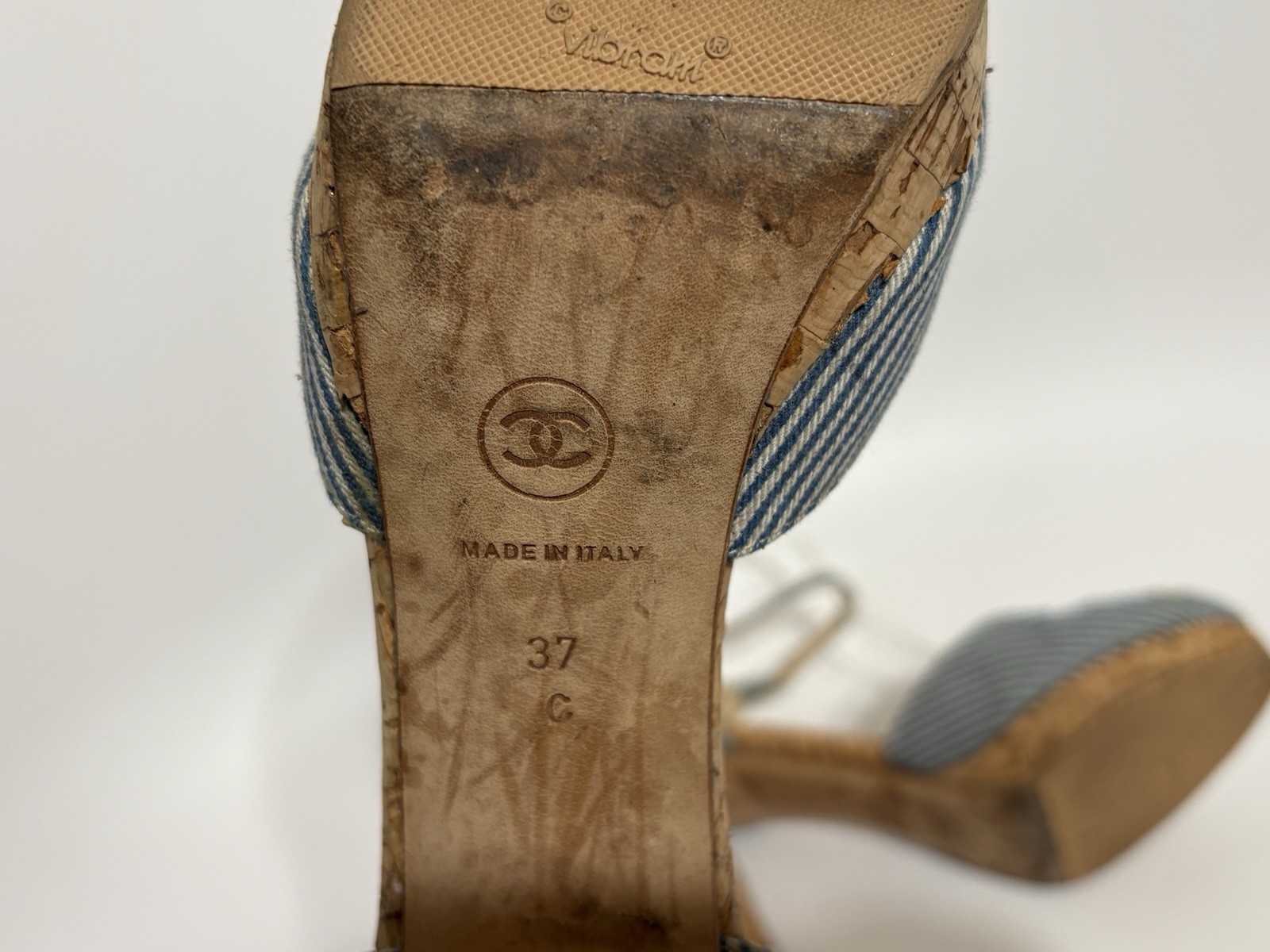 Vtg Chanel Blue CC Logo Striped Platform Heels 37