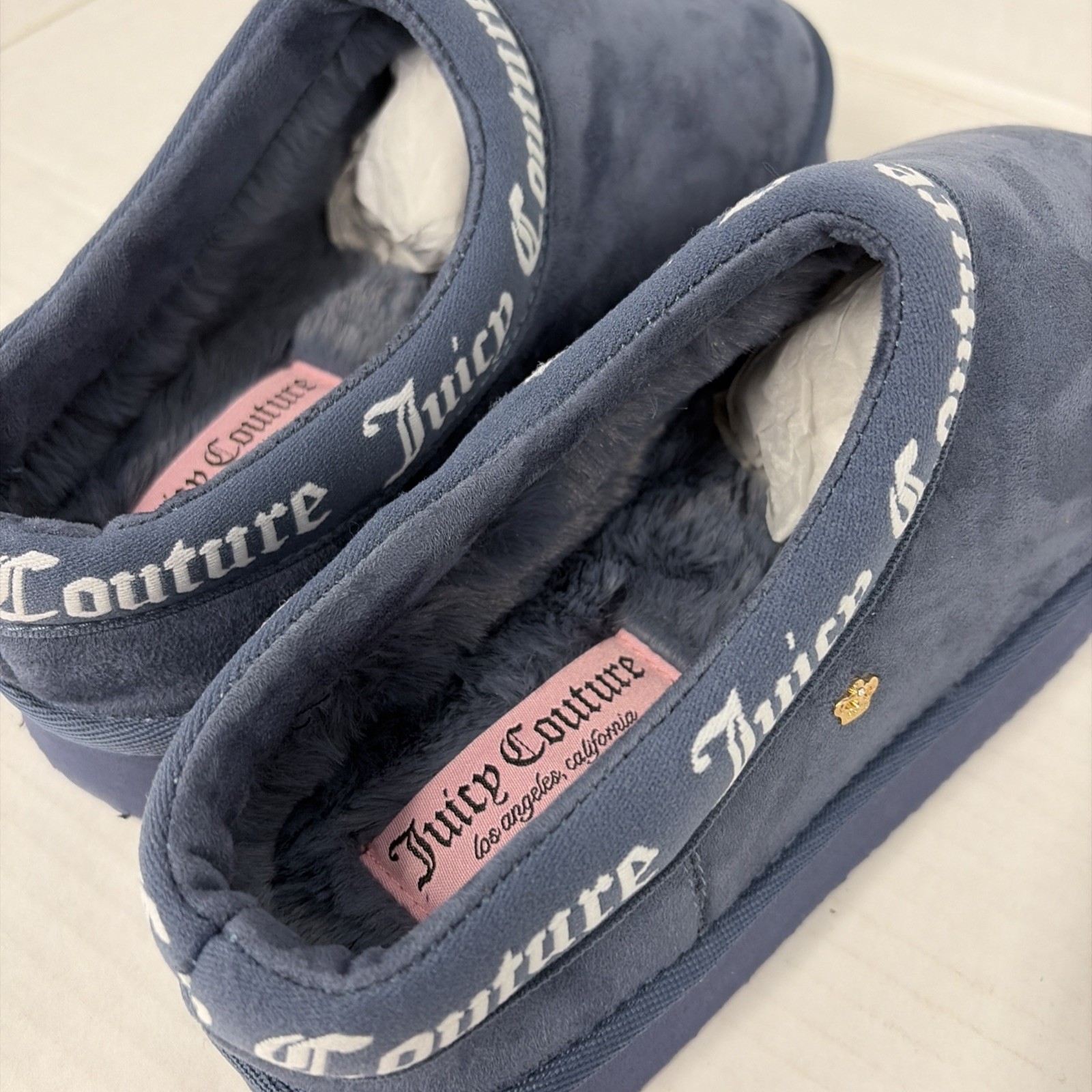 Juicy Couture JC-Oney Slippers Womens 9 EU 39/40 Blue Faux Fur New No Box