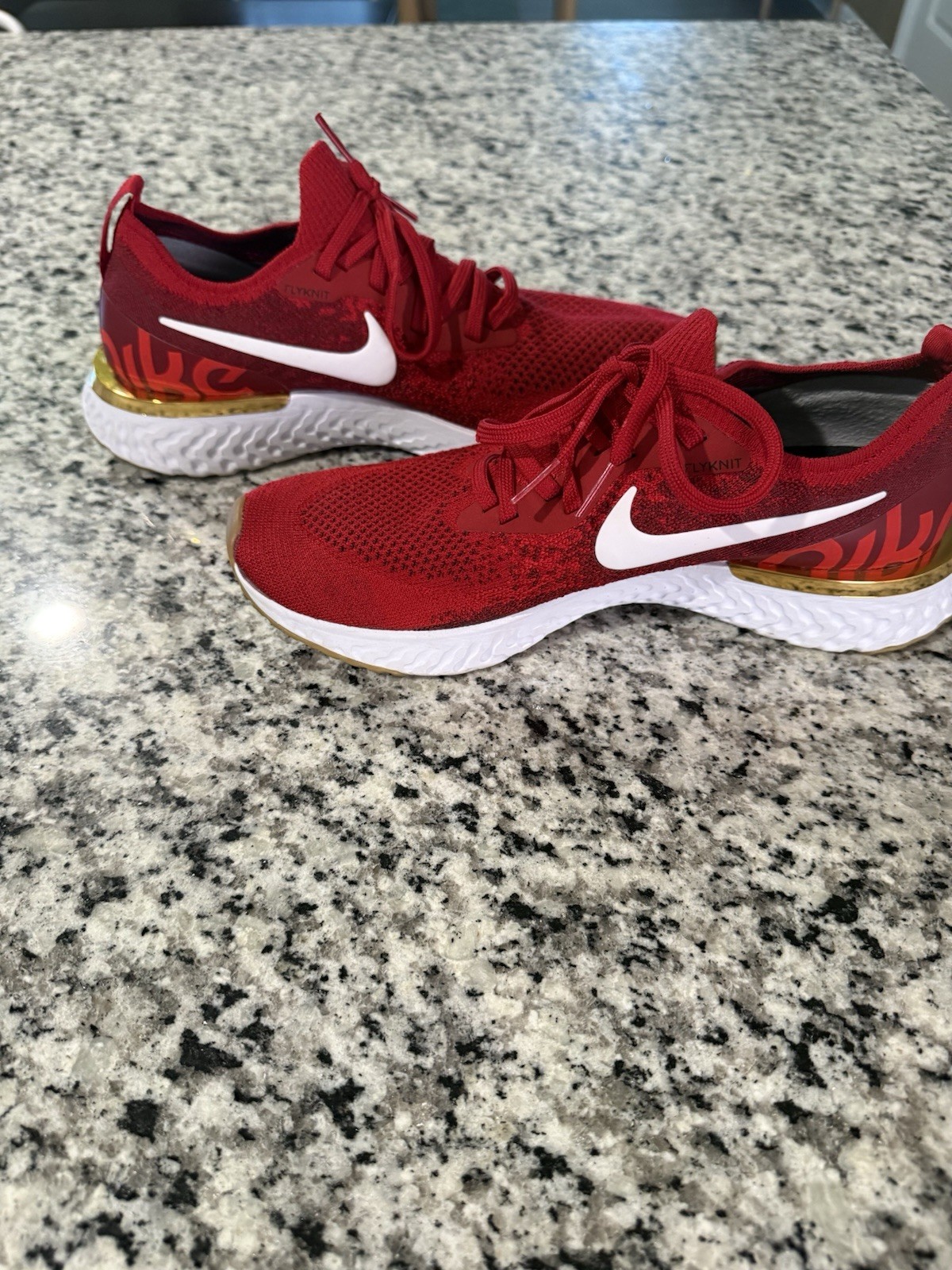 Size 9.5 – Nike Epic React Flyknit University Crimson, Metallic Gold, White