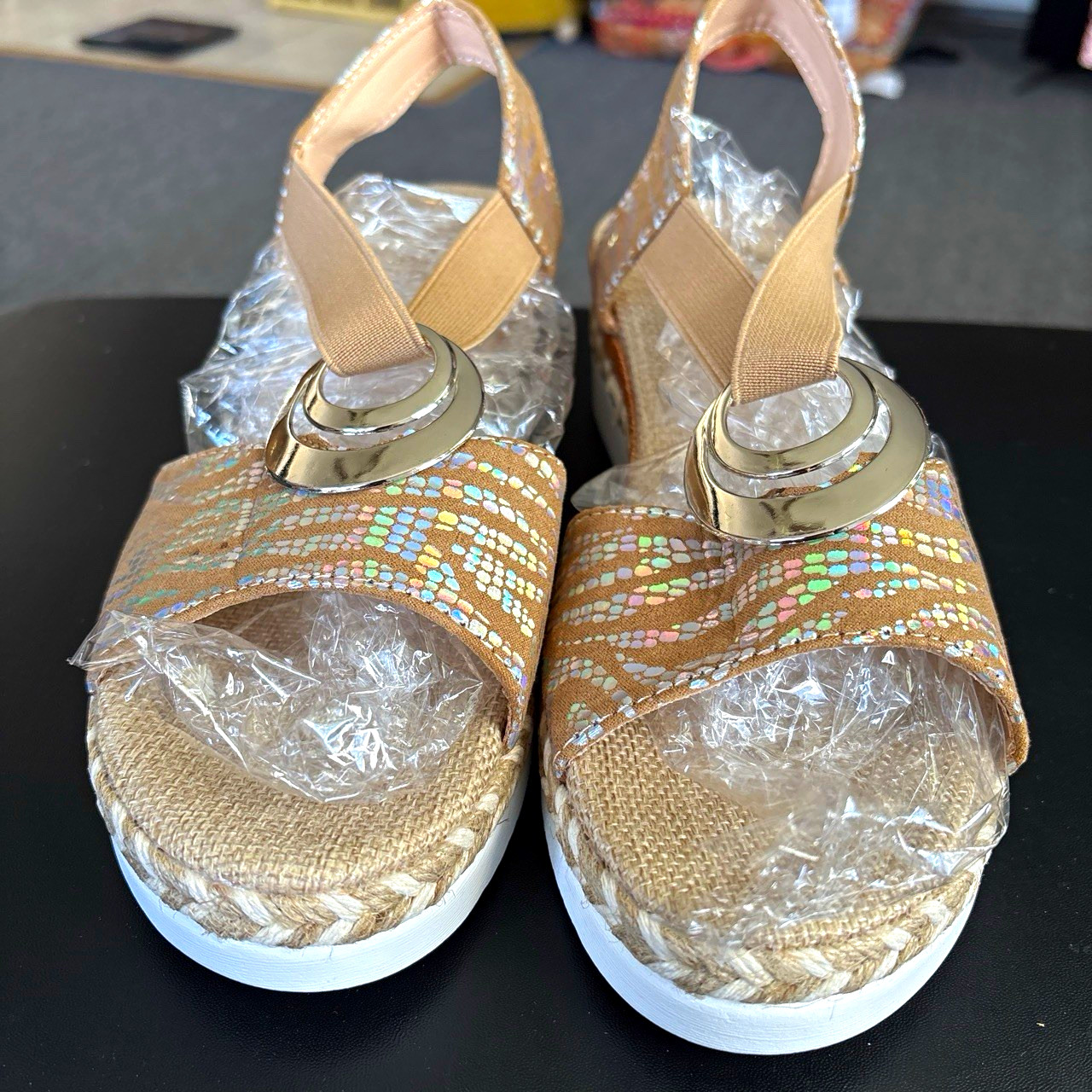Women’s Beige/Gold Glitter Espadrille Wedge Sandals Slip-On Ankle Strap 9.5