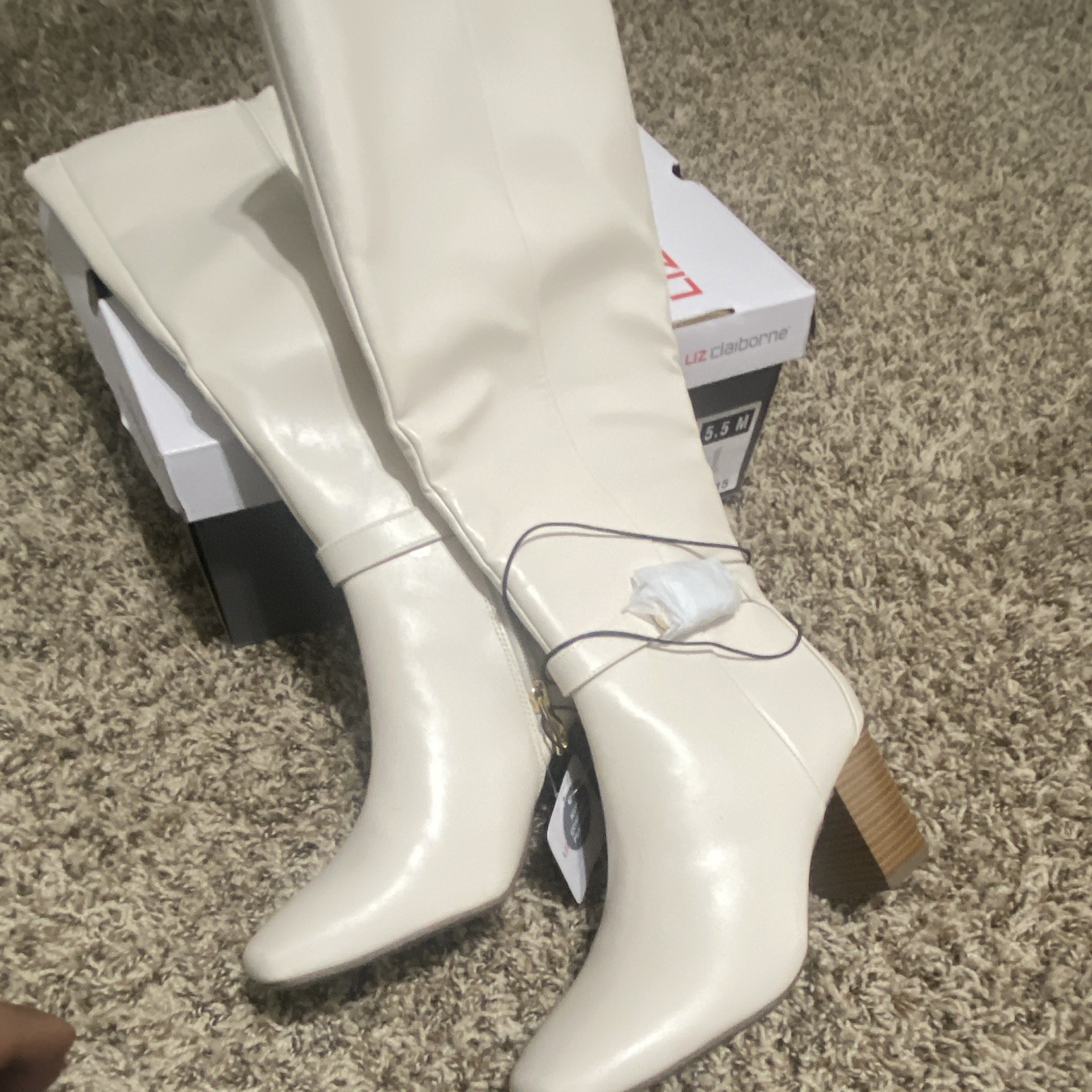 Liz Claiborne LC Hutton Cream Knee High Riding Boots Square Toe Zip Buckle 5.5M