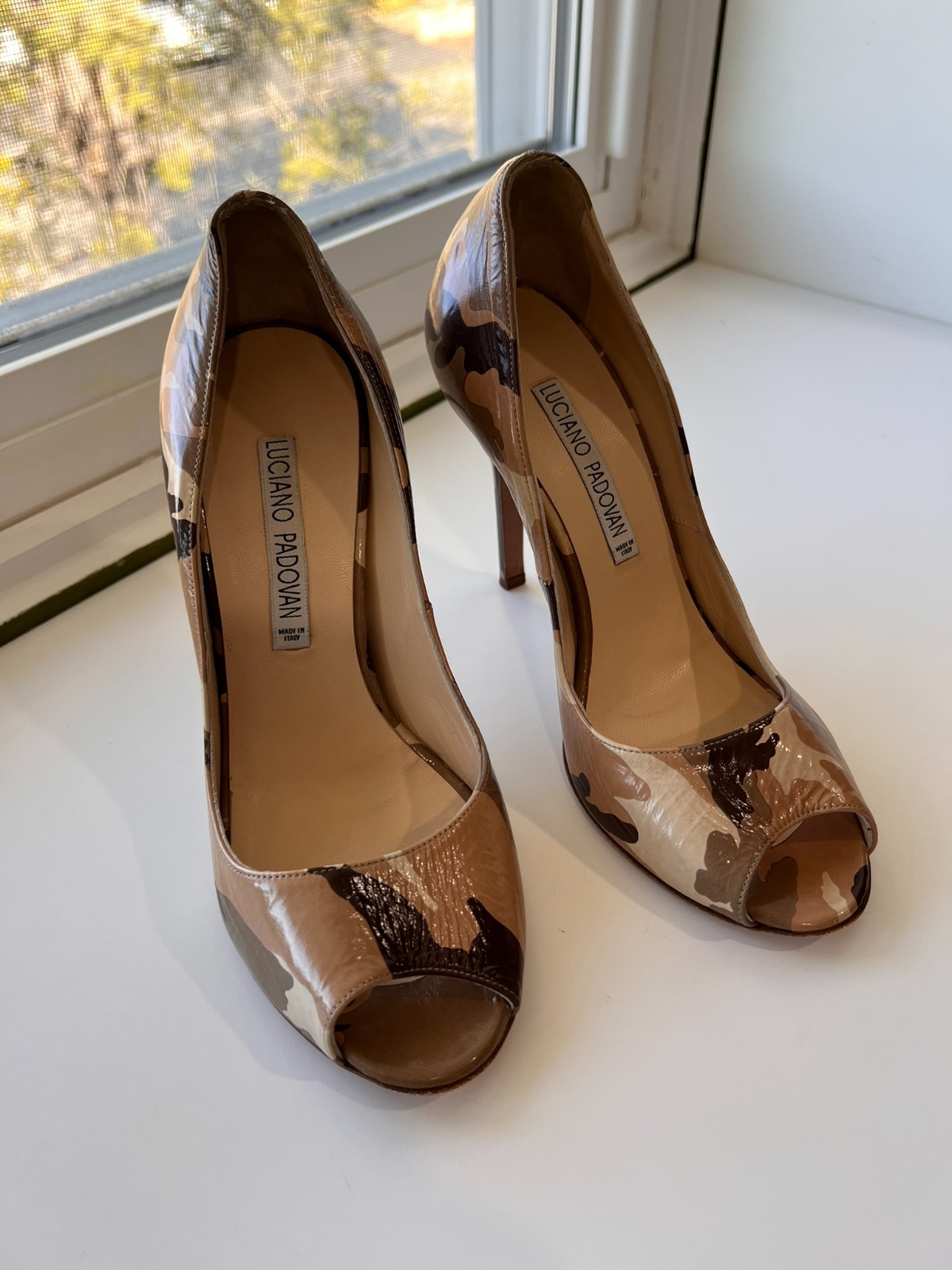 Luciano Padovan Beige, Brown, Cream Camouflage Leather Peep Toe Italian Heels 37