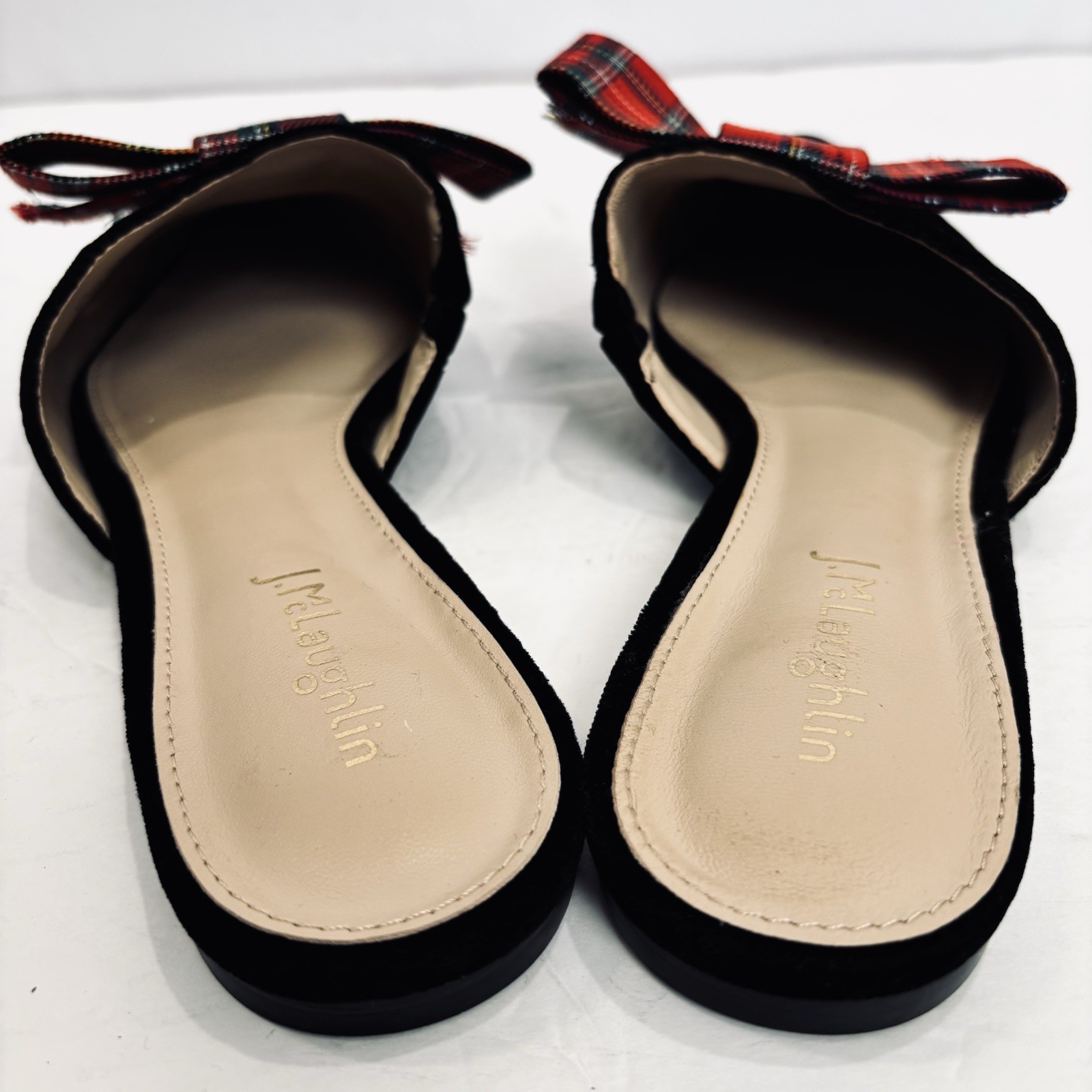J Mclaughlin Lyon Flats Tartan Red Bow Pointed Toe Black Velvet Slide On Loafers