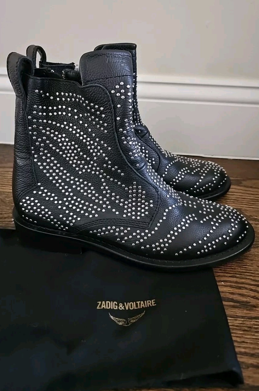 Zadig & Voltaire Laureen Pebbled Leather Studded Ankle Boots Black , Sz 39, NEW!