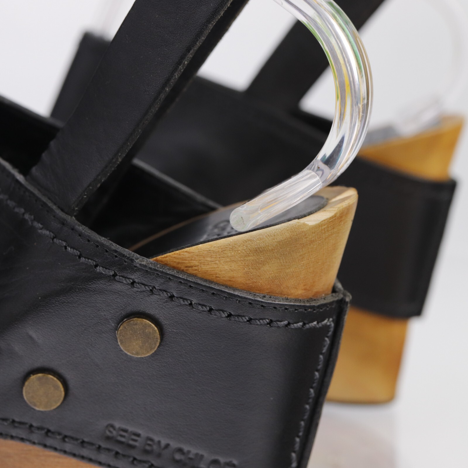 See By Chloe Womens Pump Size 39 9 Black Leather Studded Wooden Wedge Clog Sling