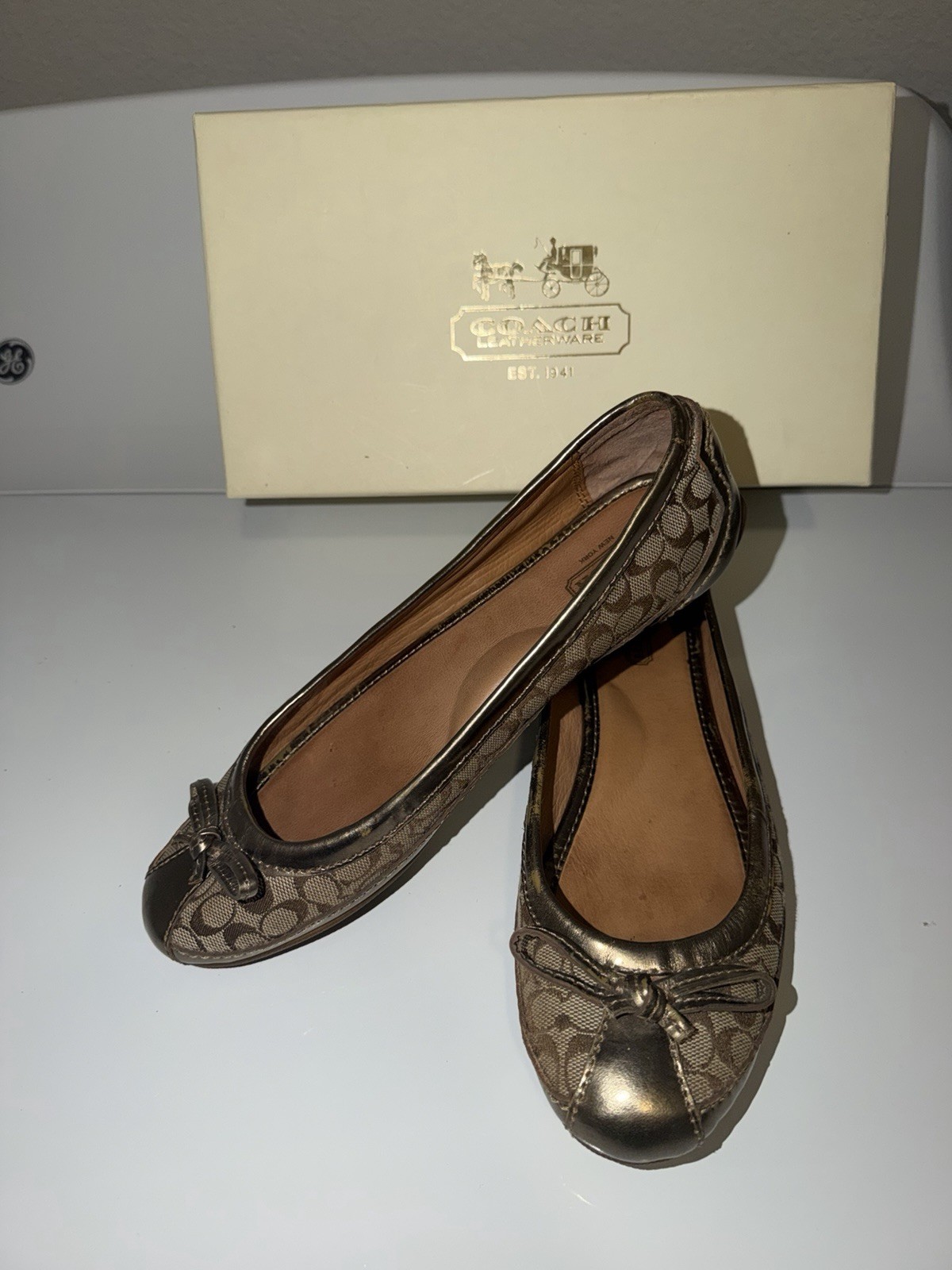 Vintage Y2k Coach Ballet Flats Brown Leather Trim And Signature Canvas Size 7.5