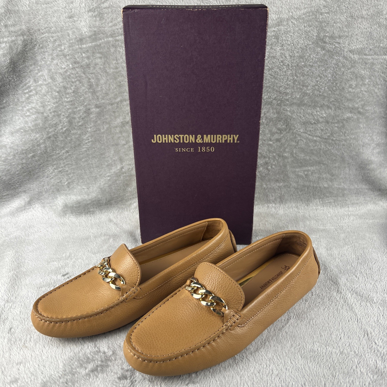 Johnston & Murphy Women’s Maggie Chain Moc Tan Calfskin Leather Loafers Sz 9M